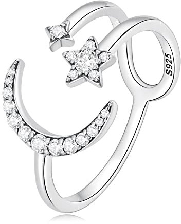 Halskette Damen,925 Sterling Silber Halbmond Stern Ringe für Frauen Teenager Mädchen verstellbar