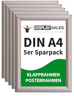 DISPLAY SALES – Lot de 5 cadres clipsables A4 argent | Profil 25 mm | Cadres pour affiches, posters et photos | Pack économique et pratique pour bureaux, commerces et restaurants