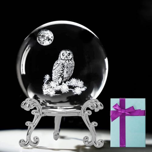 Minnhua Kristallkugel, 3D-Laser-Eulen-Figuren, Glas-Briefbeschwerer mit Ständer, Kristall-Ornamente, Valentinstag, Muttertag, Geschenke für Damen und Herren, Glasornamente für Zuhause, Büro,