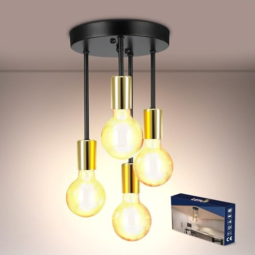 Letlit Lámpara de Techo con 4 Focos, Retro Candeeiro Teto Oro+Negro, E27 Lamparas Techo Cocina max. 60W, Retro Industrial Foco Techo para Dormitorio Comedor Cocina Salón Bar