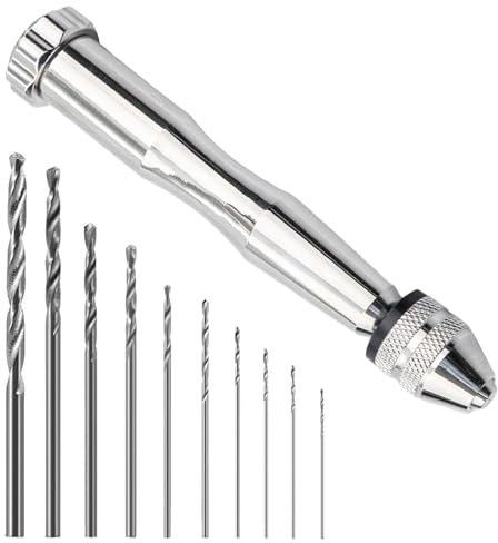 1pcs Handbohrer mit 10 Spiralbohrer (0.8-3mm),Hand Drill,Handbohrer Modellbau,Mini Bohrmaschine Set,Mini Bohrer,Handbohrer Holz Zinklegierung,Handbohrer für Epoxidharz,Basteln,Modellbau-Silber