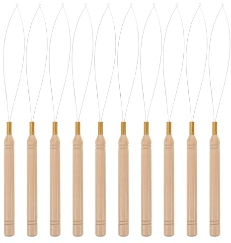 MADGININE Hair Extension Tool Set, 10 Pcs Nano Bead Threader, 21.5cm, Wooden Handle, Suitable for Hair or Feather Extensions