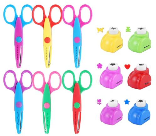 UCEC Set di forbici fai da te per bambini, 6 forbici a zig-zag e 6 mini fustellatrici, forbici per bambini a partire dai 3 anni, mini fustellatrice per carta, forbici a zig-zag, ideali per timbri fai