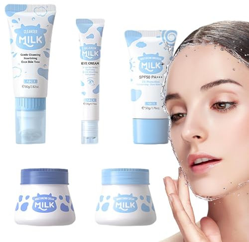 Set Per La Cura Della Pelle Al Latte, 5 Pezzi Milk Skincare Set Per Bambini E Adolescenti, Kit Per La Cura Del Viso Con Crema Per Gli Occhi, Idratante, Crema Solare, Illuminante E Detergente