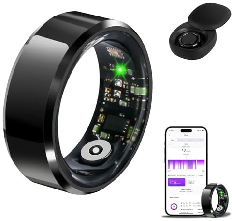 Smart Rings Health Ring Blood Oxygen Blood Pressure HR Heart Rate Monitor Fitness Tracker Sleep Step Counter Waterproof Compatible with ios Android Phones with Charging Case (Black, #9-S-2.34in)