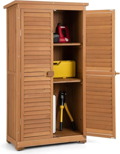 FANTASK Armadio da giardino in legno, resistente alle intemperie, capanno con 3 ripiani estraibili