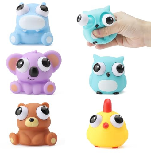 UOCAI 5 Stück Tiere Stress Spielzeug Lustig Augen Out Squeeze Spielzeug Stressball Anti Stress Tier Erwachsene Quetsch Anti Stress Spielzeug Squishy Toy, Gastgeschenke
