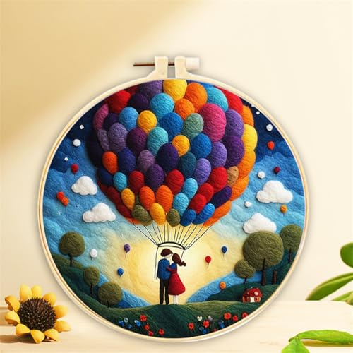 Meecaa Nadelfilz-Set zum Selbermachen für Anfänger, Ehepartner, Heißluftballon-Landschaft, inklusive Wollfilz-Zubehör, Stickrahmen, schöne Wollmalerei und Nadelfilzwerkzeuge (Ehepartner)