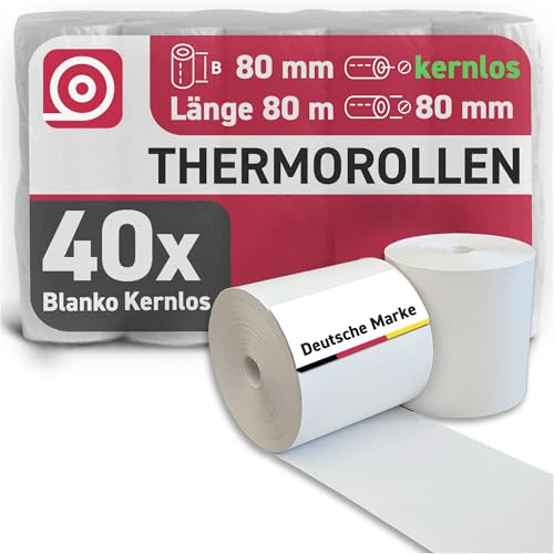 Gebongt24 Coreless Thermorollen 80 mm x 80 m – Kassenrollen ohne Plastik-Kern - BPA-freies 55 g/m² Thermopapier – 40 kernlose Rollen pro Karton – Umweltfreundlich & langlebig