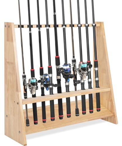 OUUTMEE Rutenständer für 10 Angelrutenhalter aus Holz mit Montagezubehör, 60 x 18 x 58 cm, Angelrutenständer für Angelausrüstung & Billardqueues, Geschenk für Männer, Angler und Väter, Naturholzfarbe
