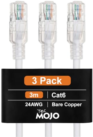 Tecmojo Cat6 Ethernet Cable 3M 3 Pack, 24AWG OFC Pure Copper UTP RJ45, 1Gbps 250MHz LSZH Network Patch Cord for Router Modem Switch Patch Panel, White