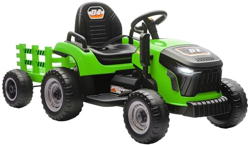 AIYAPLAY Ride on Tractor with Trailer, 12V Electric Vehicle with Remote Control, Ride on Car for Kids with Music, Shifter, Start-Up Sound for Ages 3-8 Years, Green