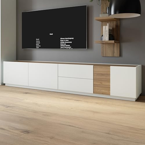 Forte Lewisville TV Schrank 240, minimalisches Lowboard, Wohnzimmer, 3-türig, 2 Schubladen, Holzwerkstoff, Secret Grey | Valenica Eiche Holzdekor, 239,4 cm breit x 50,4 cm hoch x 41 cm tief