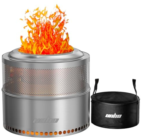 UNHO Foyer Sans Fumée Portable 50cm Brasero Extérieur Moderne en Acier Inoxydable Argenté, Combustion Optimisée, Bac à Cendres Amovible, Sac de Transport Inclus, Idéal pour Camping, Terrasse et Jardin