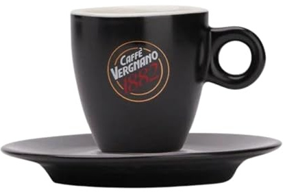 Caffè Vergnano Matte Black Espresso Cup and Saucer Set – 75ml Italian Porcelain Coffee Cup for Espresso, Macchiato, or Cortado – Heat Retaining Ceramic with White Interior & Curved Base for Crema