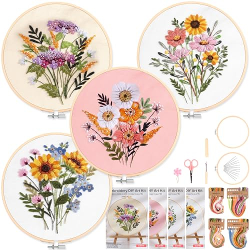 Homwiz 4 Sticken Set Erwachsene, Stickset für Anfänger Blumenmuster Pflanzen Embroidery Kit mit 2 Bambus Stickrahmen Farbfäden Anleitung, Stickerei Set für DIY Kunst Handwerk (Blütenpracht)