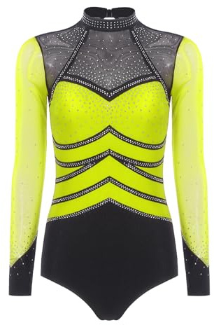 Monduelle Damen Ballettanzug Glitzer Turnanzug Gymnastikanzug Langarm Eiskunstlauf Body Overall Trikotanzug Wettbewerb Tanzkostüm Fluoreszierendes Gelb S