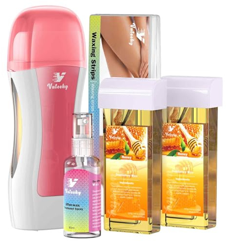 Vuteehy Roll on Wax Kit, Rolling Wax Hair Removal Kit for Women Men, Waxing Kit for Hair Removal, Roller Waxing Kit for All Skin Types with 2 Soft Honey Cartridges, 50 Pcs Strips