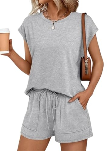 NLAND Two Piece Outfits Women Summer Tracksuit Womens Full Set Casual Co Ord Sets Crew Neck Solid Color Sleeveless Top and Shorts with Pockets Drawstring Loungewear Sleepwear Homewear