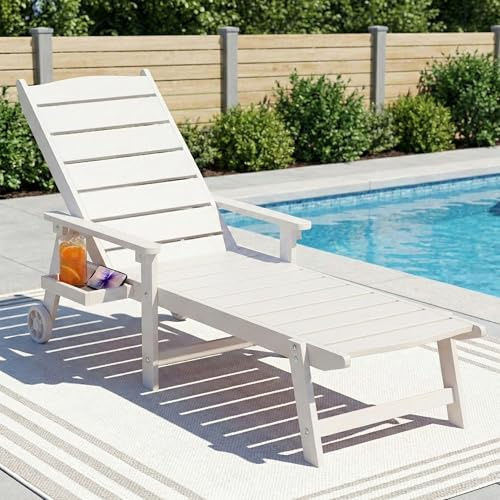 BIXUYOU Outdoor-Liegestuhl mit Rollen, 2 m Lange Sonnenliege, 5-Fach verstellbare Rückenlehne (Flache Liegeposition), ausklappbares Seitentablett, wetterfest, für Pool, Terrasse und Strand