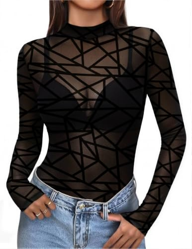Zeagoo Camiseta Transparente Mujer Camisas Manga Larga Blusa de Malla | Slim Camiseta Cuello Alto Mesh Top Sexy T-Shirt Fiesta XS-XXL
