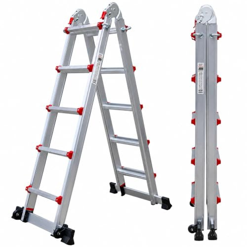 UZIRO Escalera Telescópica Plegable Articulada de Aluminio 4x5, Multiposición Extensibles, 5,22 M, 5 Peldaños, Soporta hasta 150 KG, Plegable y Compacta, con Barra Estabilizadora y Ruedas