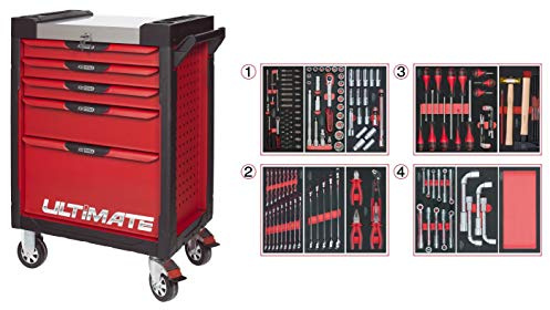 KS Tools - 809.7173 - Servante d'atelier complète ULTIMATE 7 tiroirs equipée de 173 outils - caisse à outils complète - couleur rouge - plateau inox -porte flacons