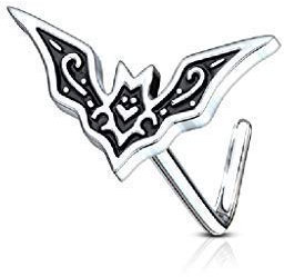 Tapsi´s Coolbodyart® Nasenpiercing L Stecker Gebogen Chirurgenstahl 316L Silber 6mm Fledermaus Schwarz