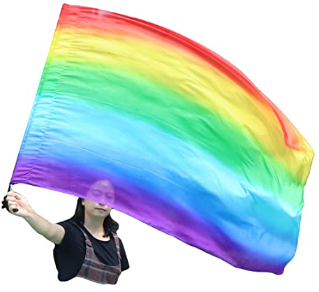 Winged Sirenny Leichte Tanzfahne aus Handbemalter Seide 129cm, Drehbare Seidenpoi-Flagge mit Tragbaren Harten Stab & Drehgelenken für Tanz, Anbetung, Festivals & Flow Arts (Regenbogen B)