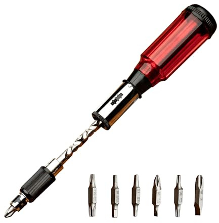 9.75” Yankee Screwdriver - Semi Automatic Screw Driver Pin Vise Hand Drill with 7 Double-Sided Bits, Rotating Barrel, Hex Chuck, and 3-Position Locked, Spiral-In or Spiral-Out by Kings County Tools