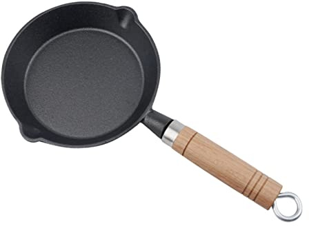 UPTALY Mini sartén de hierro fundido de 15.5cm, sartén portátil para acampar, sin revestimiento, sartén antiadherente física, sartén pequeña con mango de madera, sartén de Miniture negro