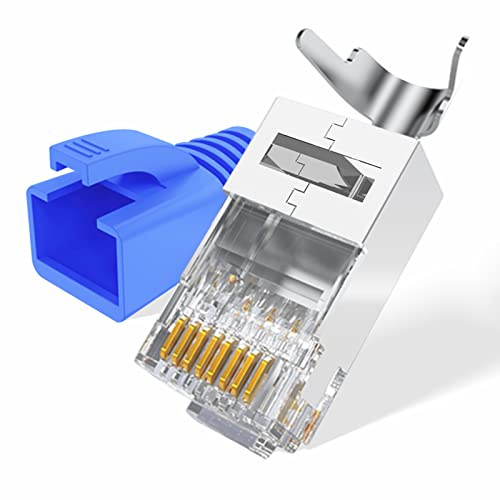 LEENUE 10 Stück RJ45 Stecker CAT 7 Pass Through, Vergoldet Netzwerkstecker CAT7 CAT6A, 10 Gbit/s 600 MHz, Lan Stecker POE für Verlegekabel Geschirmt mit Einfädelhilfe und Knickschutz, Blau