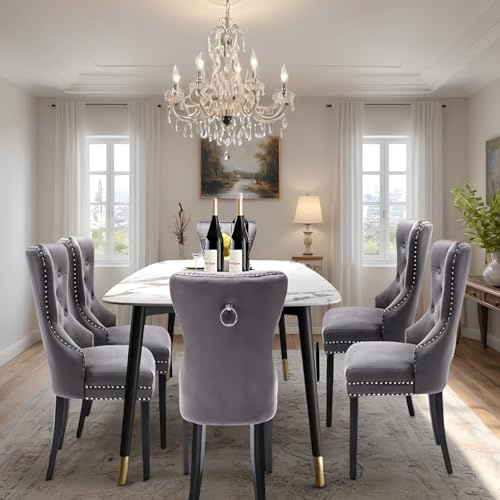 ARTETHYS Esszimmerstühle 6er Set Samt Gepolstert Nagelkopf-Verzierung, Grau | Mit Eichenbeinen, Tragkraft 150 kg, Chesterfield-Hoher Rückenlehne, für Esszimmer & Wohnzimmer, 50x54x94 cm