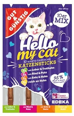 Gut & Günstig Katzen Sticks Hello My Cat Würstchen 5er Pack | Leckeries für Katze | Katzensnack Kaustangen 5x10 Katzensticks 4 Sorten-Mix 50g