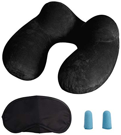 LUZWAY Almohada de Viaje Hinchable, Cojin de Viaje Cuello con Máscara de Ojos, Tapones y Bolsa, Inflable Cojin Cervical Viaje Almohada Cervical Viaje para Avión Tren Coche Bus