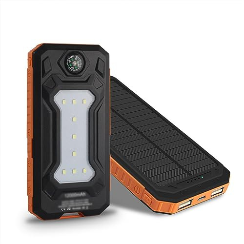 WTHOME Solar Power Bank 12000mAh Chargeur Solaire avec Lampes de Camping, Boussole, Banque d'alimentation Universelle est Facile à Transporter,Orange