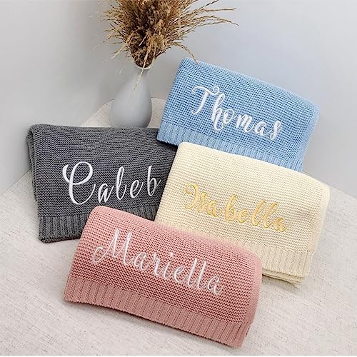 Reeg Gestickter Name Baby Decke Baby Bad Kinderwagen Decke Neugeborenes Baby Geschenk Personalisierte Weiche Atmungsaktive Baumwolle Gestrickte Decke (Embroidered Name)