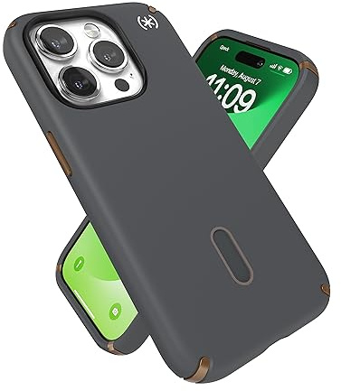 Speck iPhone 15 Pro Hülle – ClickLock rutschfeste Interlock, gebaut für MagSafe, Fallschutz – Kratzfest, weiche Haptik, 6,1 Zoll Handyhülle – Presidio2 Pro Anthrazitgrau/Cool Bronze/Weiß