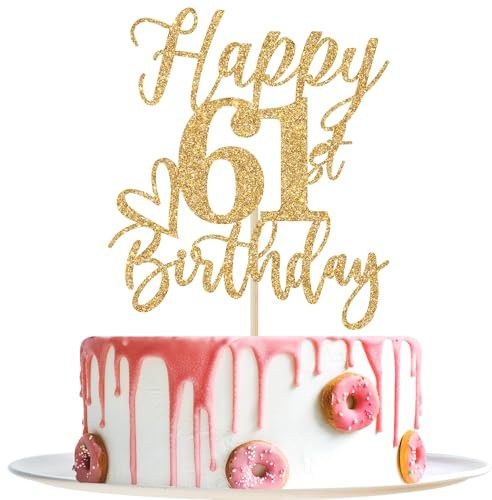 Décoration de gâteau d'anniversaire « Happy 61st Birthday » – Cheers to 61 Years, Hello 61, doré pailleté