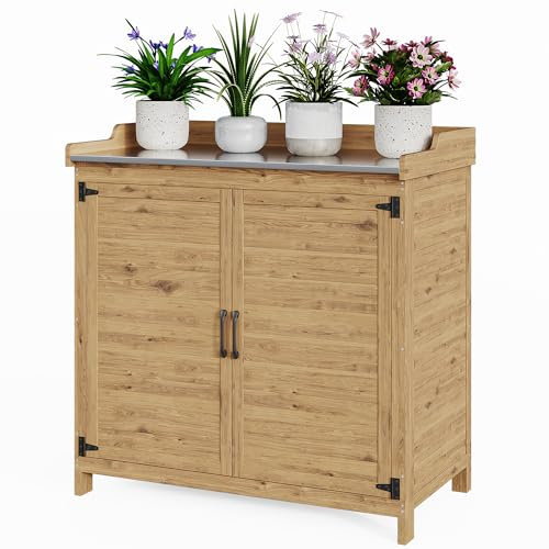 Bealife Pflanztisch mit Unterschrank, Gartenschrank mit Arbeitsplatte mit 1 Bewegbarer Einlegeboden für den Innen- und Außenbereich (Natur, 48T x 98B x 95H)