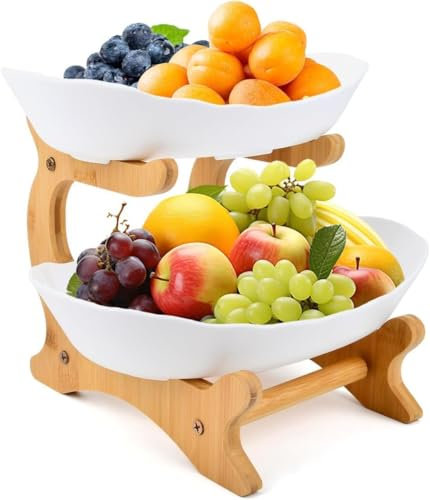 MEESOGA Présentoir à fruits en céramique avec 2 étages - Assiette à fruits à 2 niveaux - Avec support en bambou - Pour cuisine, fruits, légumes, collations, bonbons