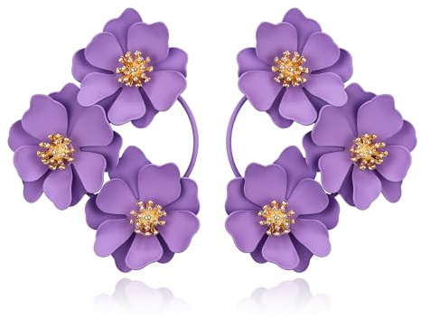 EVER FAITH Pendientes de flores boho grandes declaración margarita pendientes para vacaciones de verano, Esmalte, morado, 13004207-2