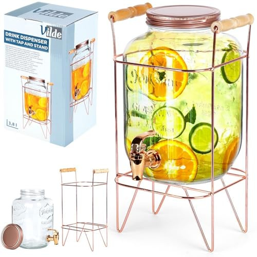 Vilde Getränkespender mit Zapfhahn und Ständer - 4,2L Glasbehälter 19x15x25cm - Perfekt für Limonade & Bowle - Roségold Deckel & Metallständer mit Holzgriffen - Ideal für Partys & Gartenfeiern