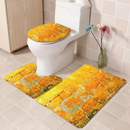 Bad Teppiche Set Retro Gelb Orange Badezimmerteppich Waschbar WC Vorleger mit Ausschnitt und WC Deckelbezug 3 Teilig Badematte rutschfest Toilettensitzbezug Badgarnitur 45x75 cm