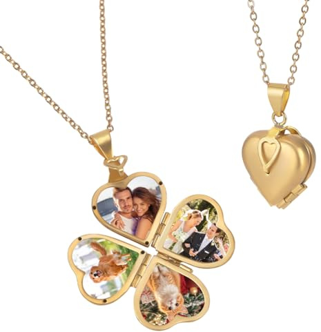 FINGERINSPIRE Love Heart Locket Necklace Personalized Golden Holds 4 Photos Heart Shape Pendant Vintage Four Clover Memorial Photo Locket Pendant Charms Photo DIY Charms Photo Locket Making Kits