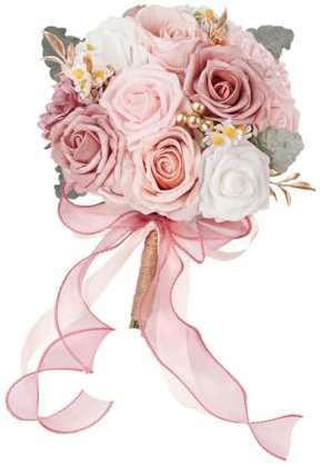 Perfeclan Hochzeitsstrauß für die Braut, Brautjungfern, die Blumen halten, künstliche Blumen, eleganter Brautstrauß für die Zeremonie, Party-Dekoration, Rosa Weiß