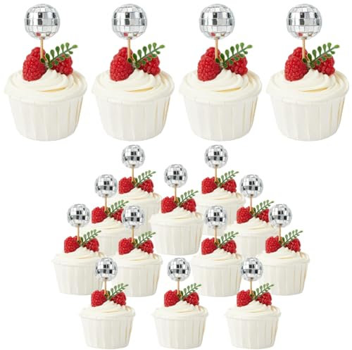 CRASPIRE 24Pcs Disco Ball Cupcake Picks Silver Cupcake Toppers with Wood Stick Small Mini Acrylic Round Balls Foam Inside 70s Cake Decoration for Disco Theme Party 70S Birthday Cakes Favor Decor