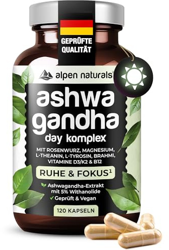 Alpen Natruals Ashwagandha Day Komplex – 120 Kapseln mit Ashwagandha, Rhodiola, Magnesium, Guarana, Coenzym Q10 & Vitamin B6/B12 – Hochdosiert, vegan & laborgeprüft
