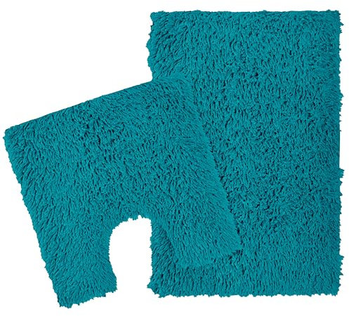 Olivia Rocco Como 2 Piece Bath Mat & Pedestal Set Non-Slip Backing Super Absorbent Toilet Bathroom Mats Sets, Teal
