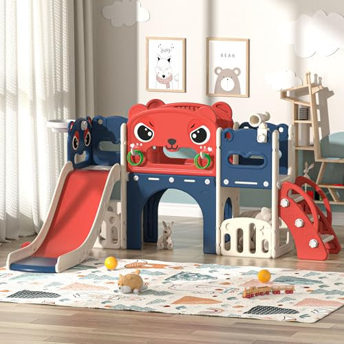 9-in-1 Toddler Slide with Climbing Ladder,Tunnel and Basketball Hoop, Indoor Outdoor Garden Slide Set for Kids, Children's Playground Toy,Play Equipment for Age 1-6 (Red-blue Little Devils)